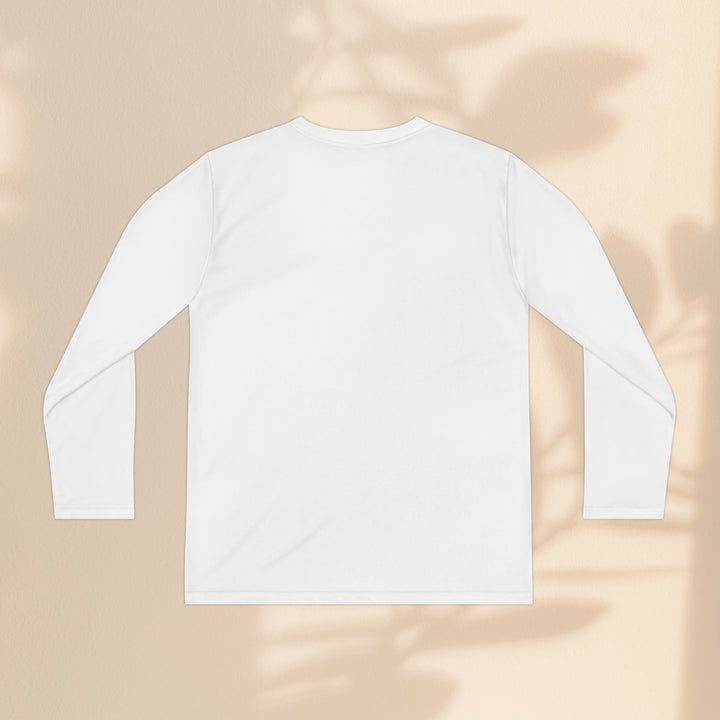 Sea Dragon Dreams youth long sleeve white polyester athletic tee, back view, plain design on a neutral background.