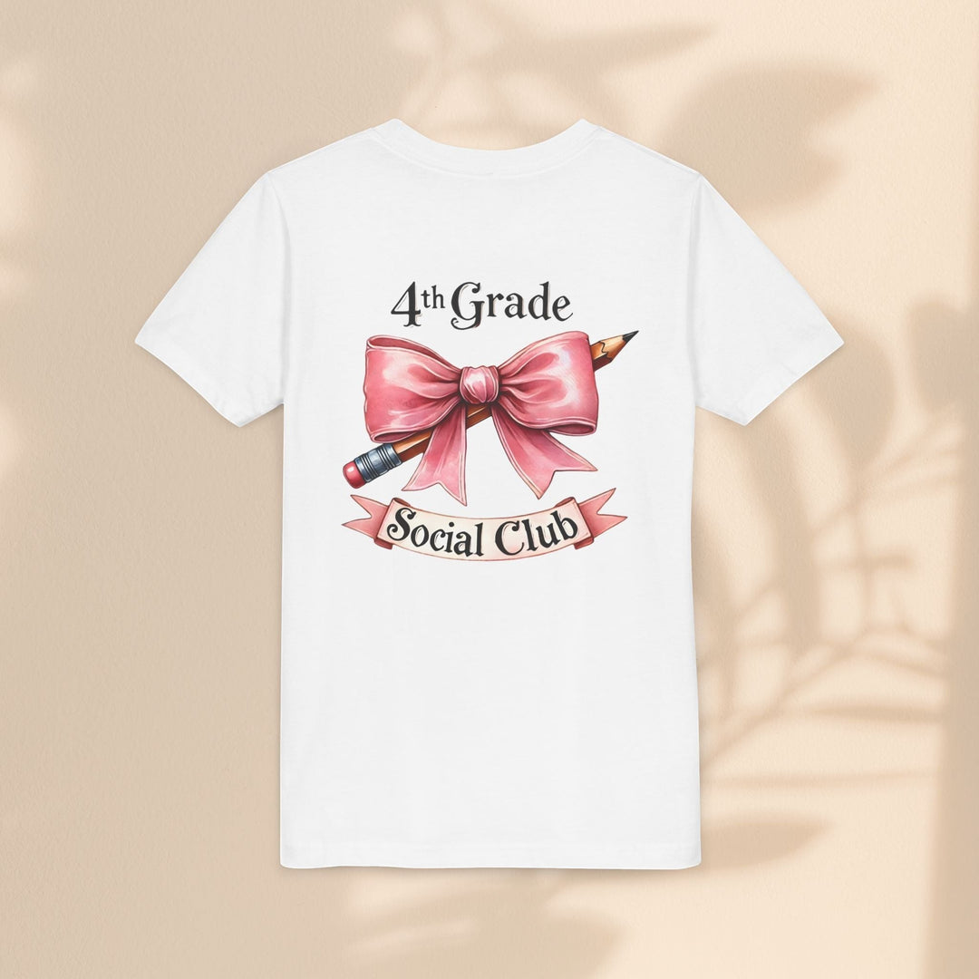 Sea Dragon Dreams youth white cotton t-shirt featuring a 4th Grade Social Club graphic with a pink bow and pencil.