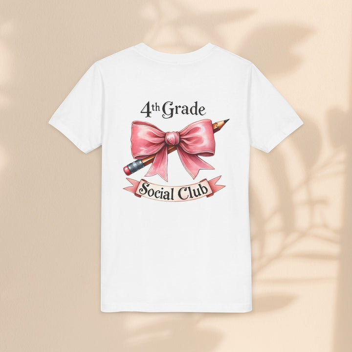 Sea Dragon Dreams youth white cotton t-shirt featuring a 4th Grade Social Club graphic with a pink bow and pencil.