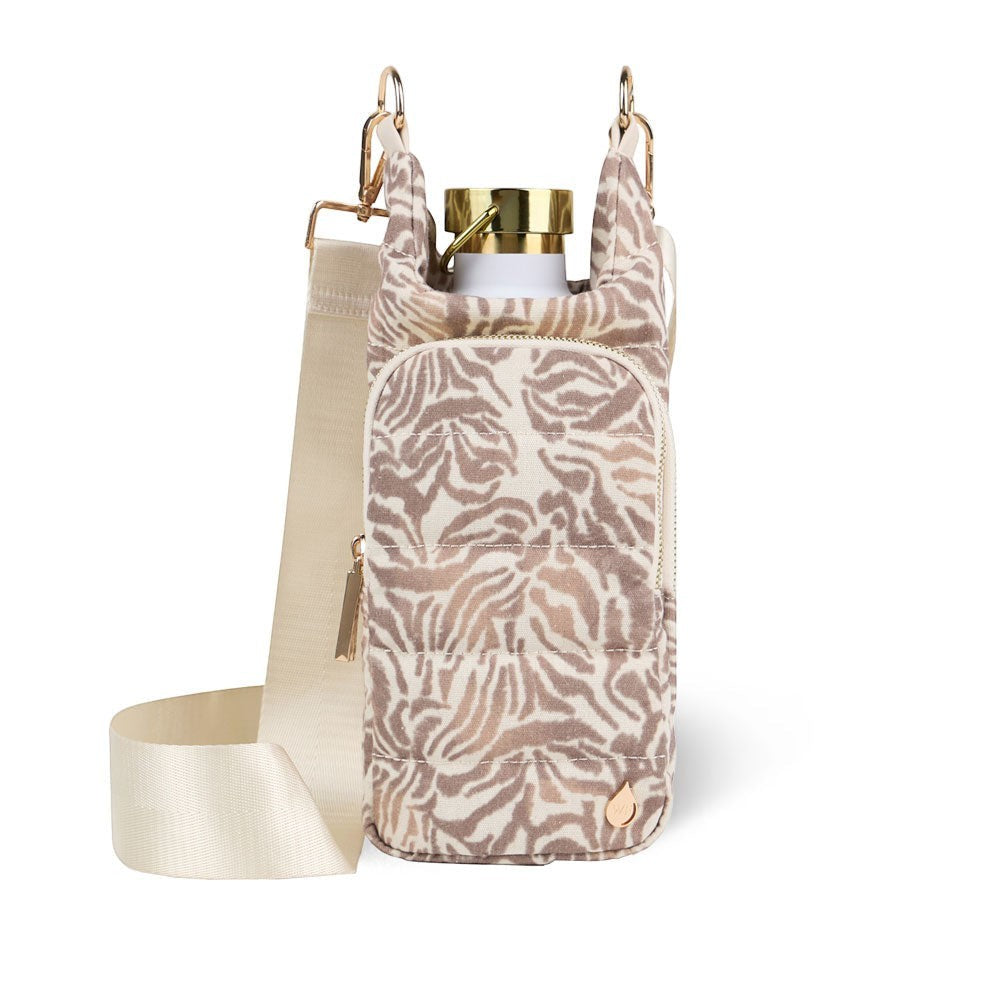 Sea Dragon Dreams HydroBag water bottle crossbody in natural zebra print linen with gold hardware and vegan leather strap