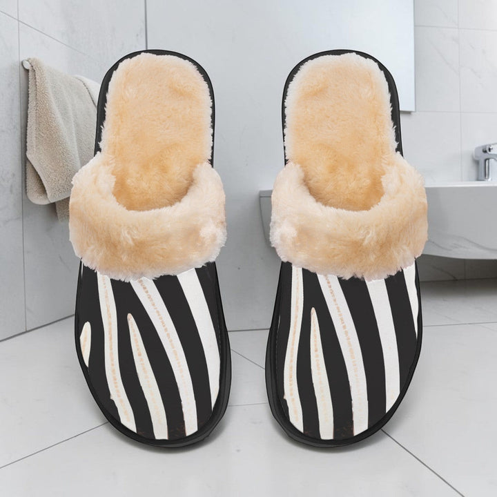 Sea Dragon Dreams zebra stripe plush slippers with black and white pattern and soft beige faux fur lining for home.