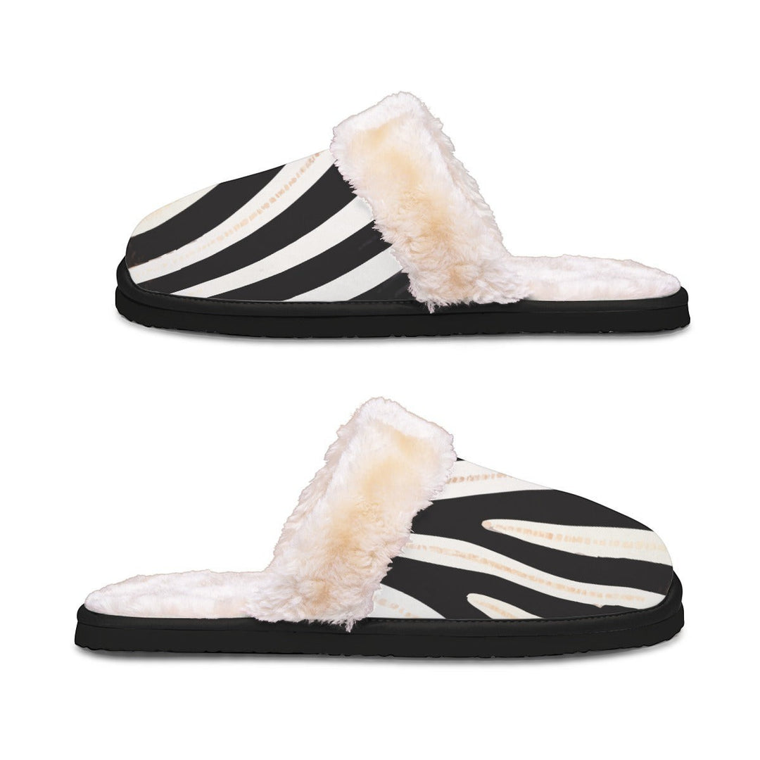 Sea Dragon Dreams zebra stripe plush slippers for women with black and white animal print and soft cream faux fur lining