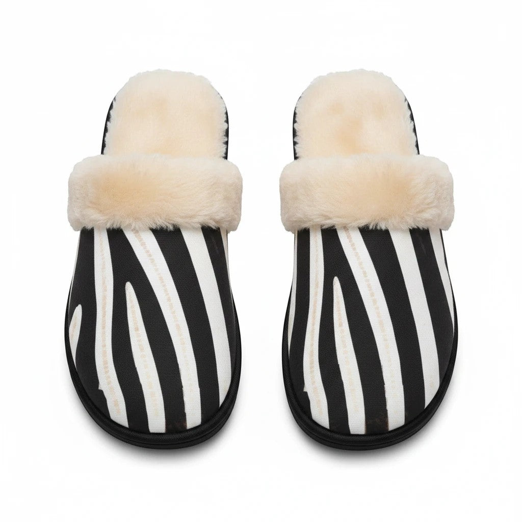 Sea Dragon Dreams zebra stripe plush slippers with black and white pattern and soft beige faux fur lining