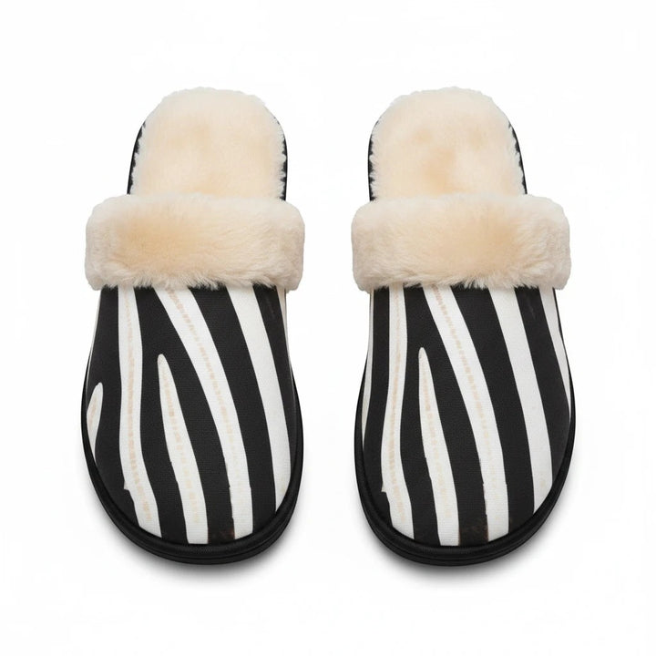 Sea Dragon Dreams zebra stripe plush slippers with black and white pattern and soft beige faux fur lining