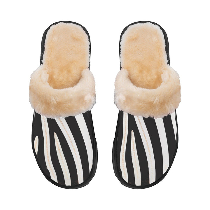 Sea Dragon Dreams zebra stripe plush slippers with black and white pattern and soft beige faux fur lining.