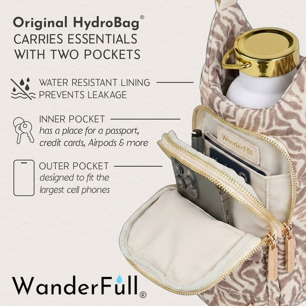 Sea Dragon Dreams WanderFull HydroBag in natural zebra print linen with gold hardware and two zippered storage pockets