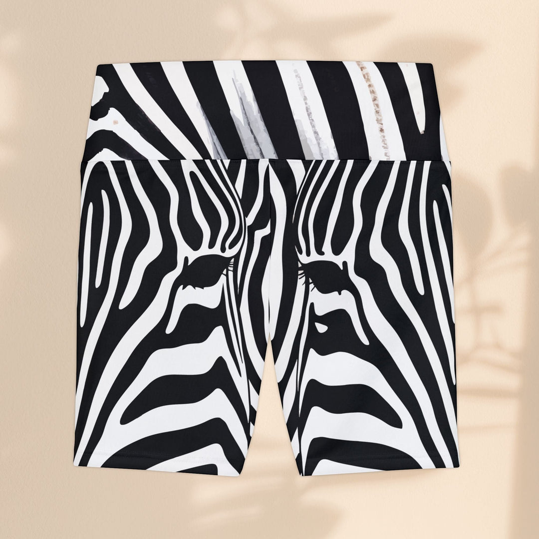 Sea Dragon Dreams black and white zebra print workout shorts with a high waistband and gusset for active movement.