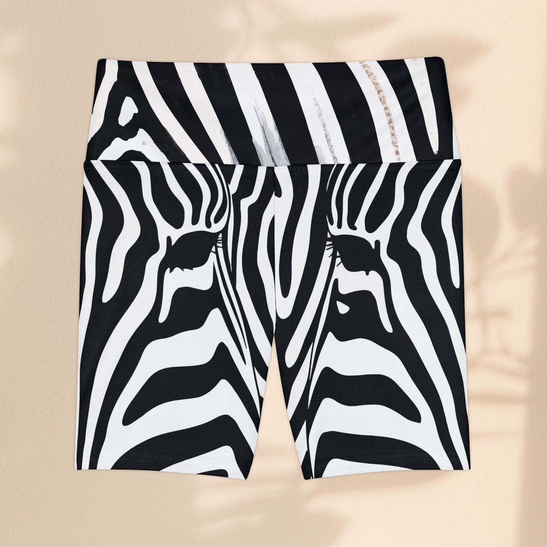 Sea Dragon Dreams women's workout shorts in black and white zebra print, featuring a high waistband and gusset.