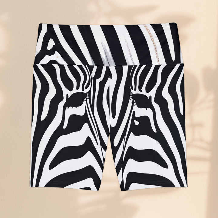 Sea Dragon Dreams women's workout shorts in black and white zebra print, featuring a high waistband and gusset.