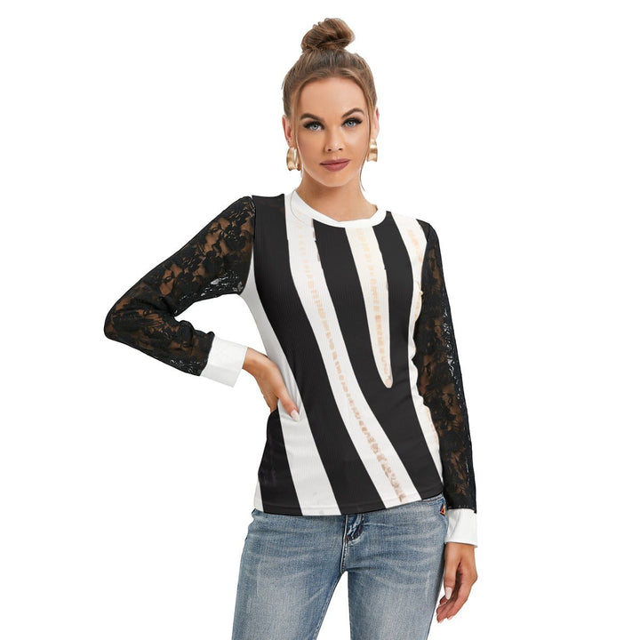 Sea Dragon Dreams women's long sleeve t-shirt featuring a black and white zebra stripe pattern and black lace sleeves.
