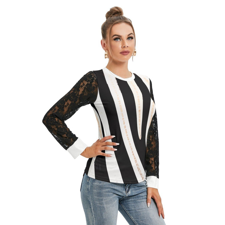 Sea Dragon Dreams women's long sleeve t-shirt featuring a black and white zebra stripe pattern and black lace sleeves.