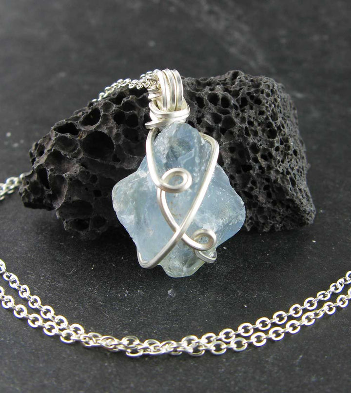 Raw Celestite Crystal Pendant | Handmade Blue Wire Wrapped Necklace