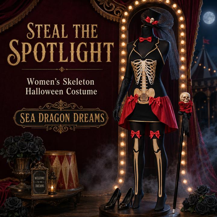 Women’s Skeleton Halloween Costume Set – Hat, Skirt, Gloves & Stockings