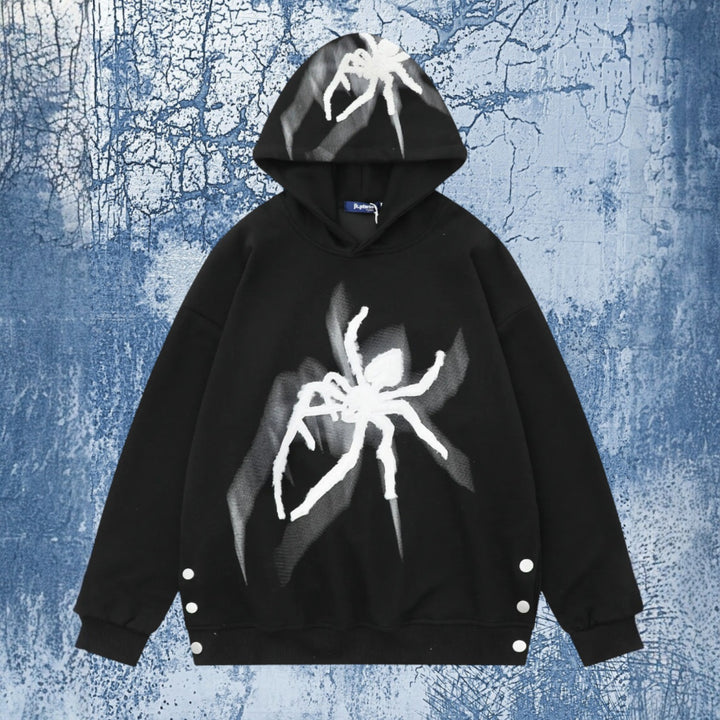 Men's Spider Graphic Oversized Hoodie with Side Button Details