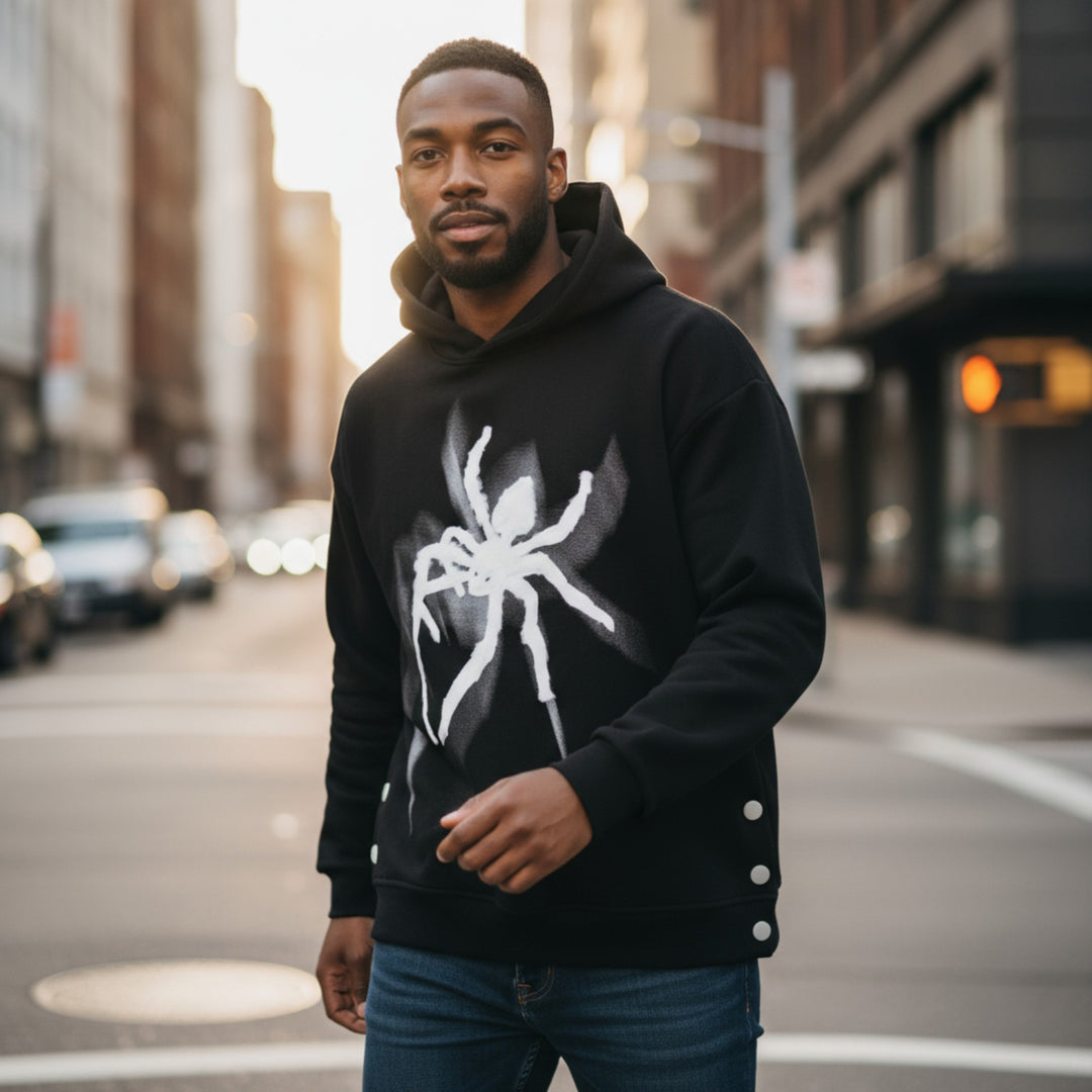 Men's Spider Graphic Oversized Hoodie with Side Button Details