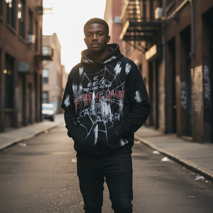 Men's Gothic Spider Web Graffiti Print Hoodie