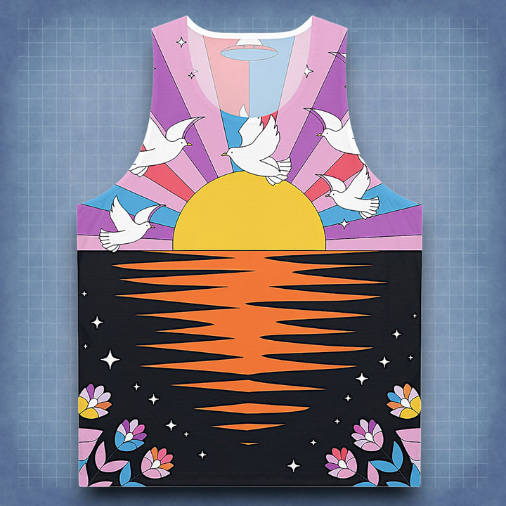 Colorful Sunset & Doves Unisex Tank Top - Perfect for Summer Vibes & Nature Lovers
