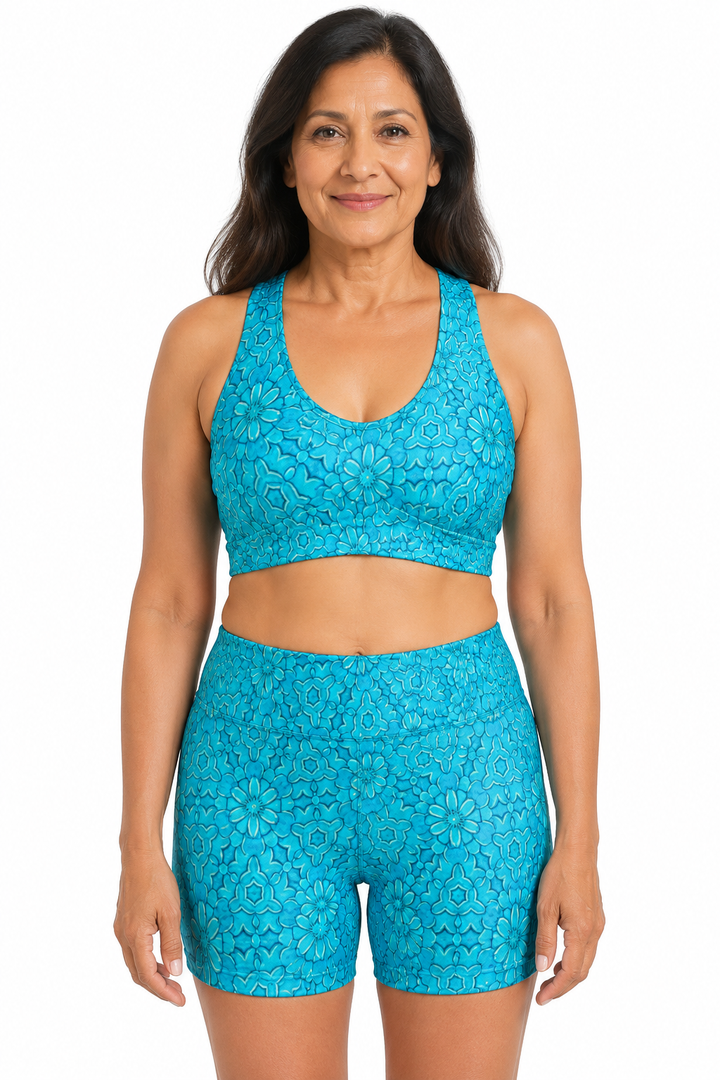 Groovy Turquoise Women’s Sports Bra and Shorts Set
