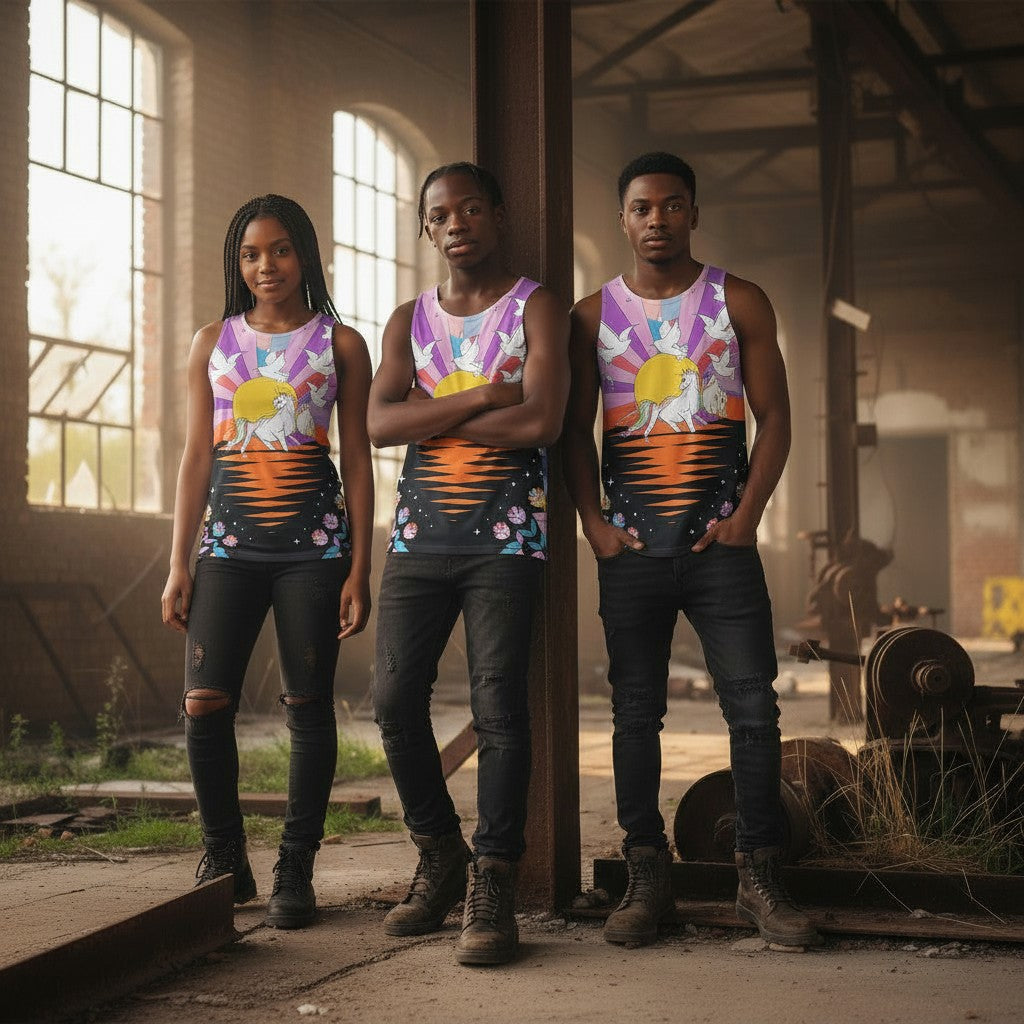 Colorful Sunset & Doves Unisex Tank Top - Perfect for Summer Vibes & Nature Lovers