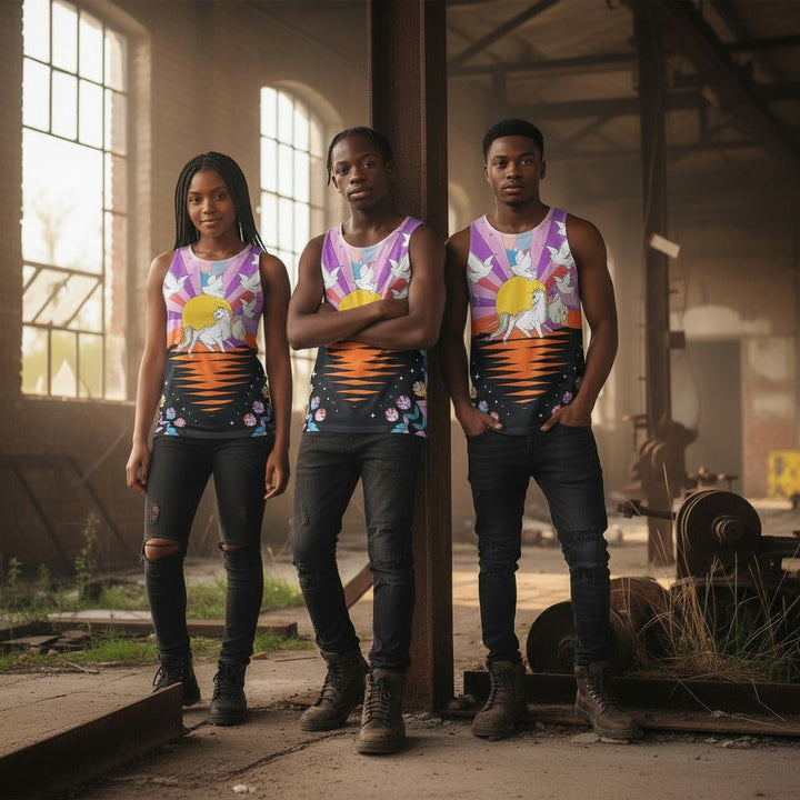 Colorful Sunset & Doves Unisex Tank Top - Perfect for Summer Vibes & Nature Lovers