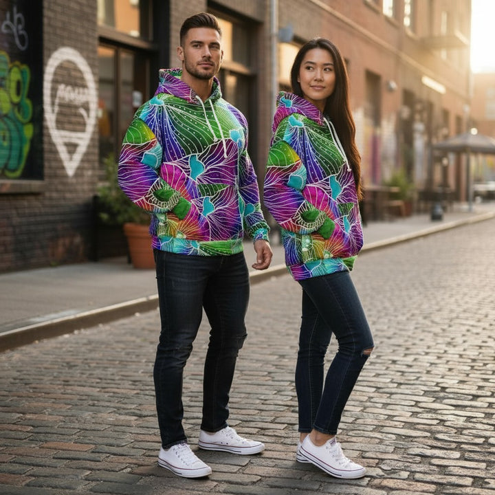 Vibrant Nature-Inspired Unisex Pullover Hoodie - Colorful Floral Design