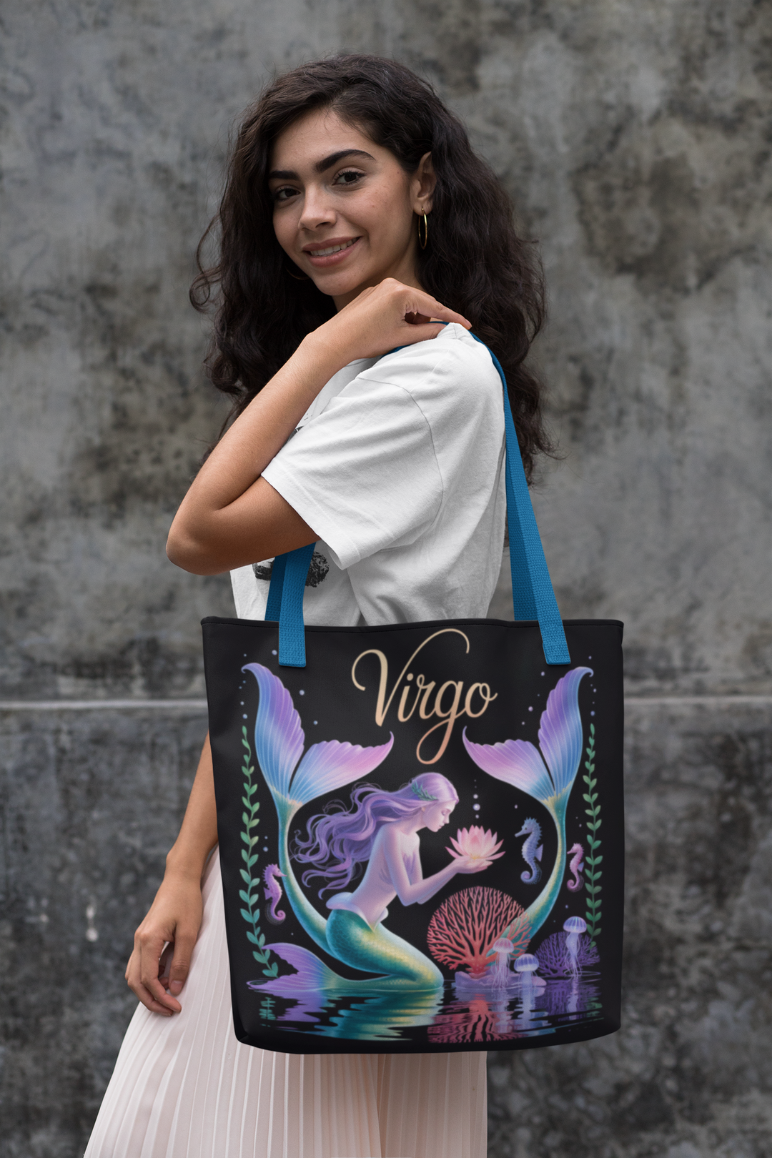 Virgo Mermaid Tote Bag, Virgo Gift, Zodiac Bag, Sea Creature Style, Ocean Lover Accessory, Birthday Present