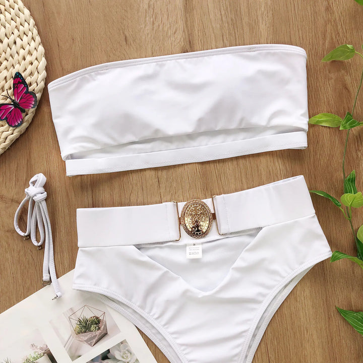 Women’s Strapless Bandeau Bikini with Chic Metal Buckle