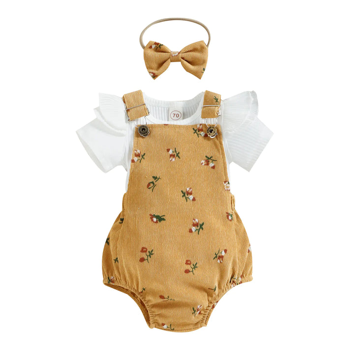 Girls' Floral Corduroy Suspender Pants Set with Matching Headband