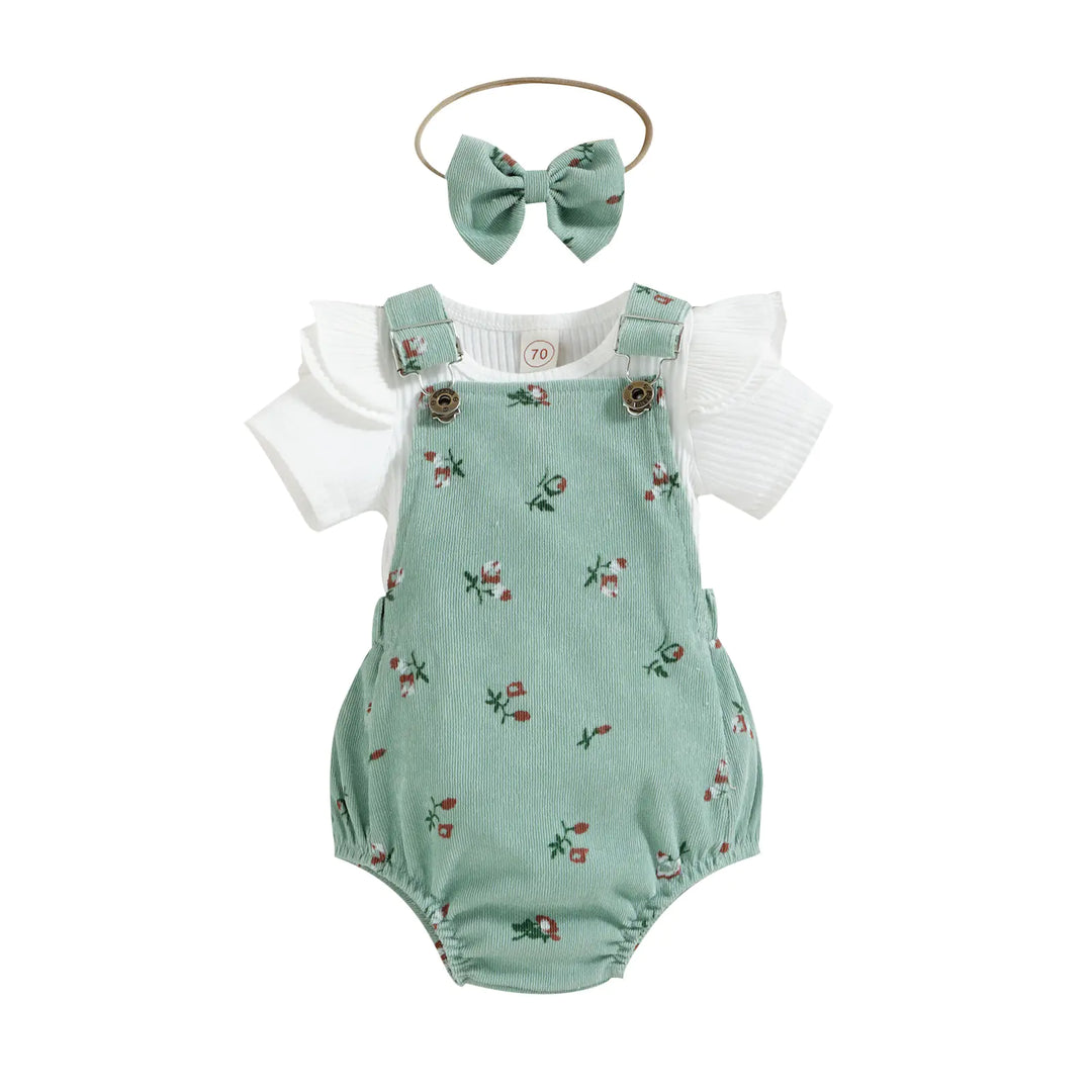 Girls' Floral Corduroy Suspender Pants Set with Matching Headband