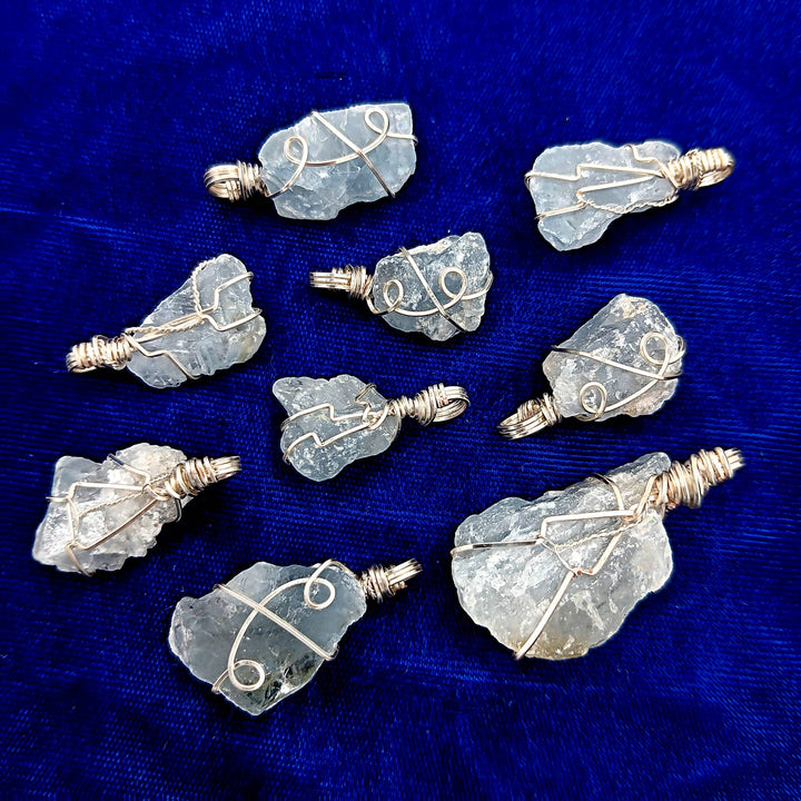 Raw Celestite Crystal Pendant | Handmade Blue Wire Wrapped Necklace