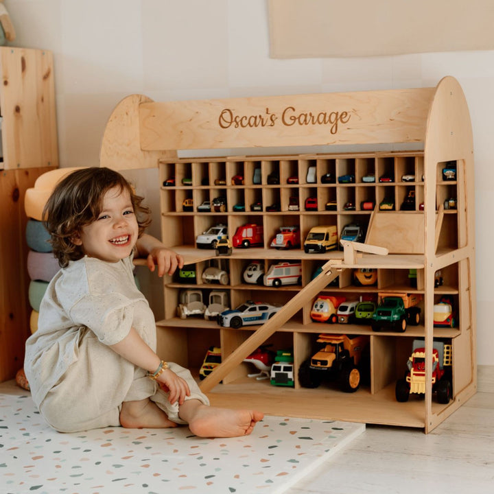 Wooden Toy Car Garage Storage | Personalized Car Organizer for Kids