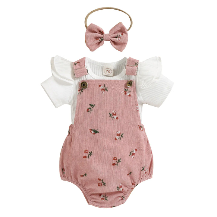 Girls' Floral Corduroy Suspender Pants Set with Matching Headband