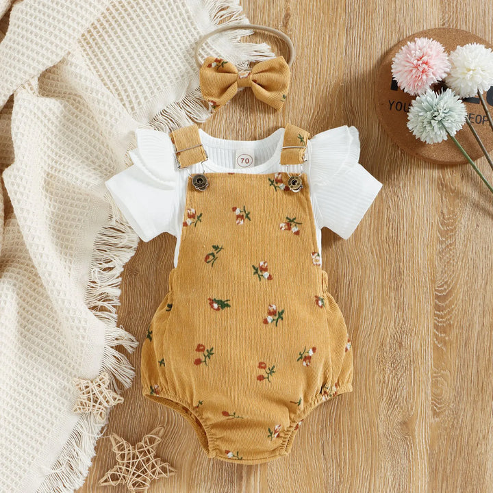 Girls' Floral Corduroy Suspender Pants Set with Matching Headband